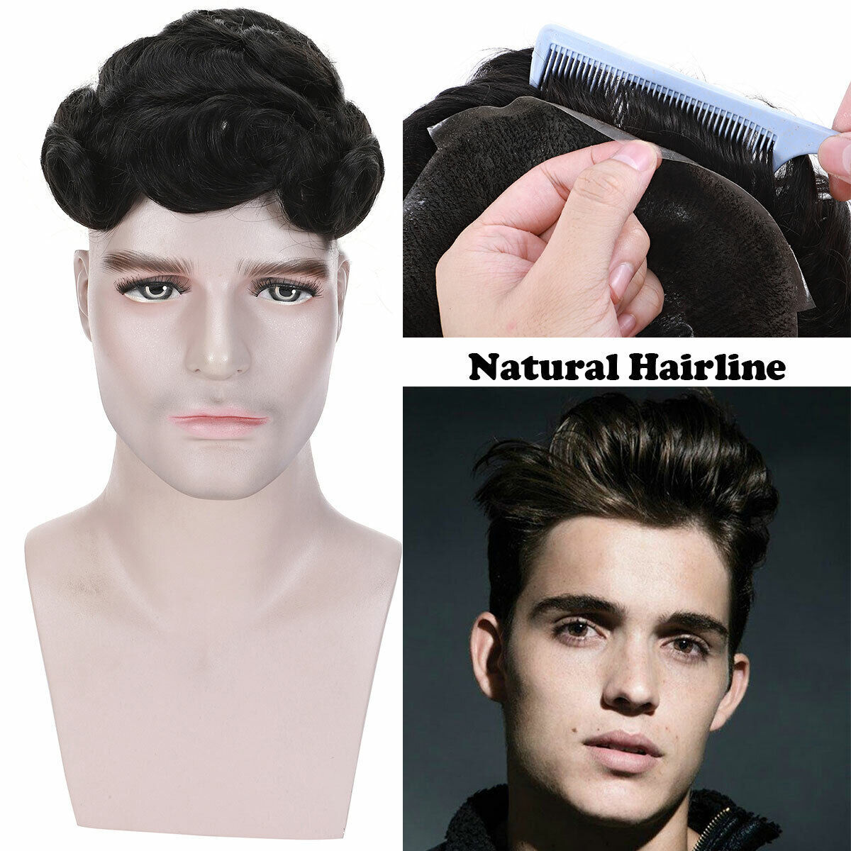 Mens Natural 100% Remy Human Hair Topper Toupee Hairpiece Super Thin Toupee Wigs