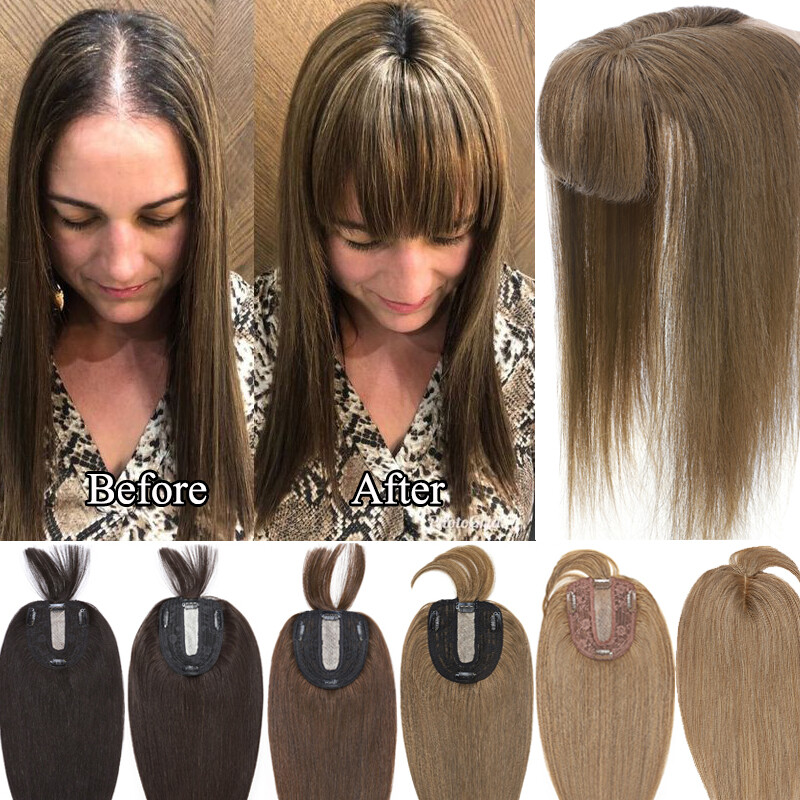 Silk Base Clip In 100% Virgin Human Hair Topper Top Hairpiece Toupee Wigs Bangs