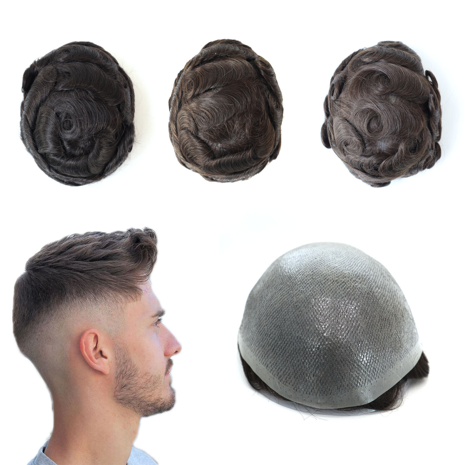 Mens Toupee Human Hair Replacement System Hairpiece 0.03Ultra Thin Skin Brown #4