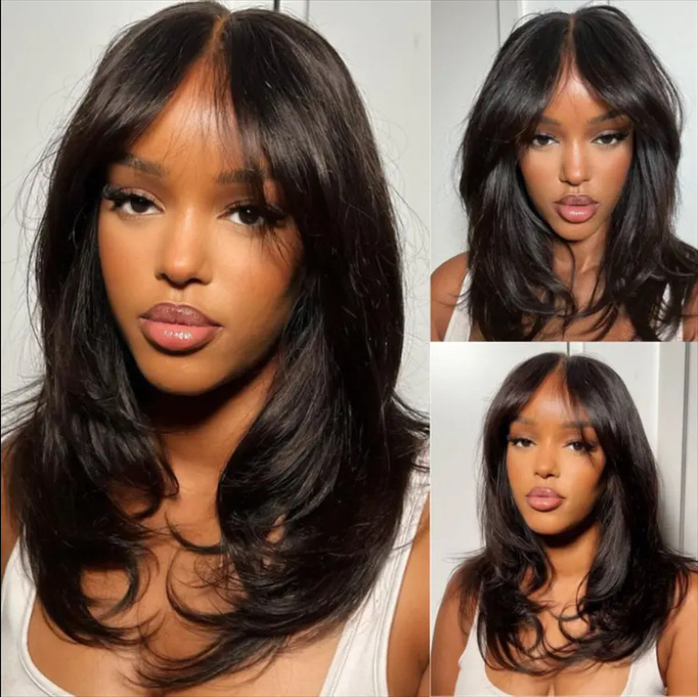 Wholesale Pre Cut 9×6 Lace Wavy Layer Cut Non Glue Wig With Curtain Bangs Black