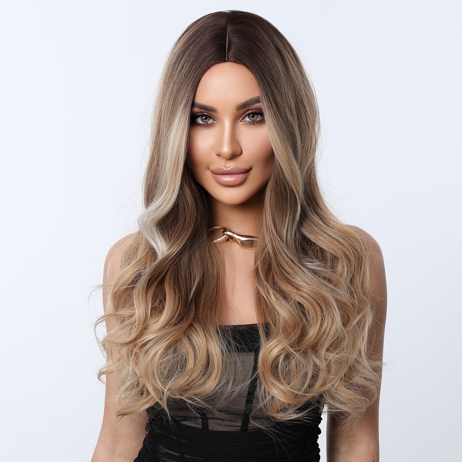 24in Brown to Gold Ombre Wavy Wig Heat Resistant Synthetic Cosplay Party Wedding