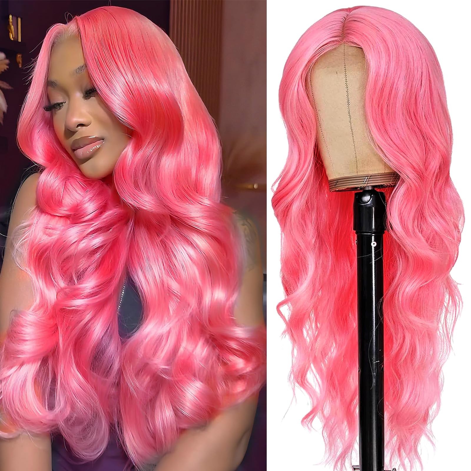 Elfsecret Pink Lace Front Wigs Human Hair For Women Hot Pink 13X6 Body Wave