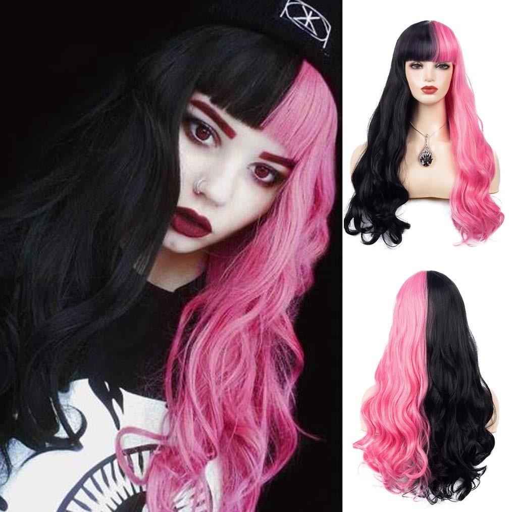 Half Pink Half Black Wavy Wigs Long Curly Wavy Split Synthetic Wig with Bangs…