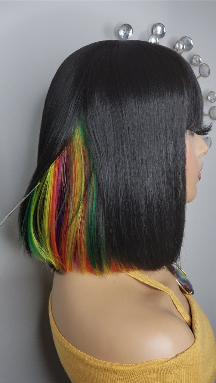 New Short Human Hair Blend Straight Bob Wrap Style Full Cap Wig Black Rainbow