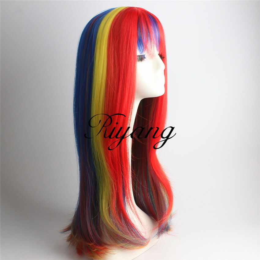 Multi-Color Straight Rainbow Costume Wig with Full Bang Long for Women Synthetic