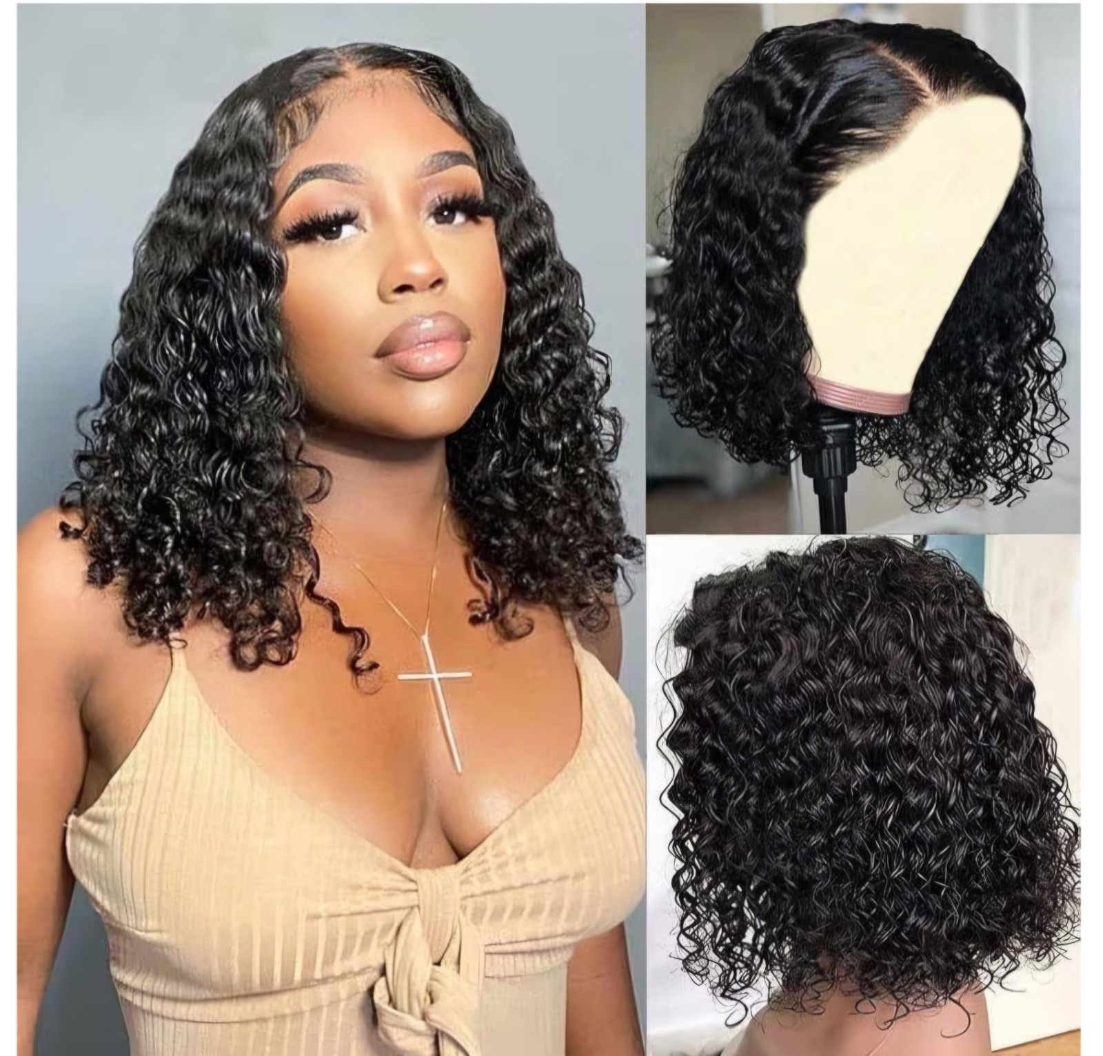 Human Hair Black Curly Bob Lace Front Glueless Wig Free-Part 10in Women