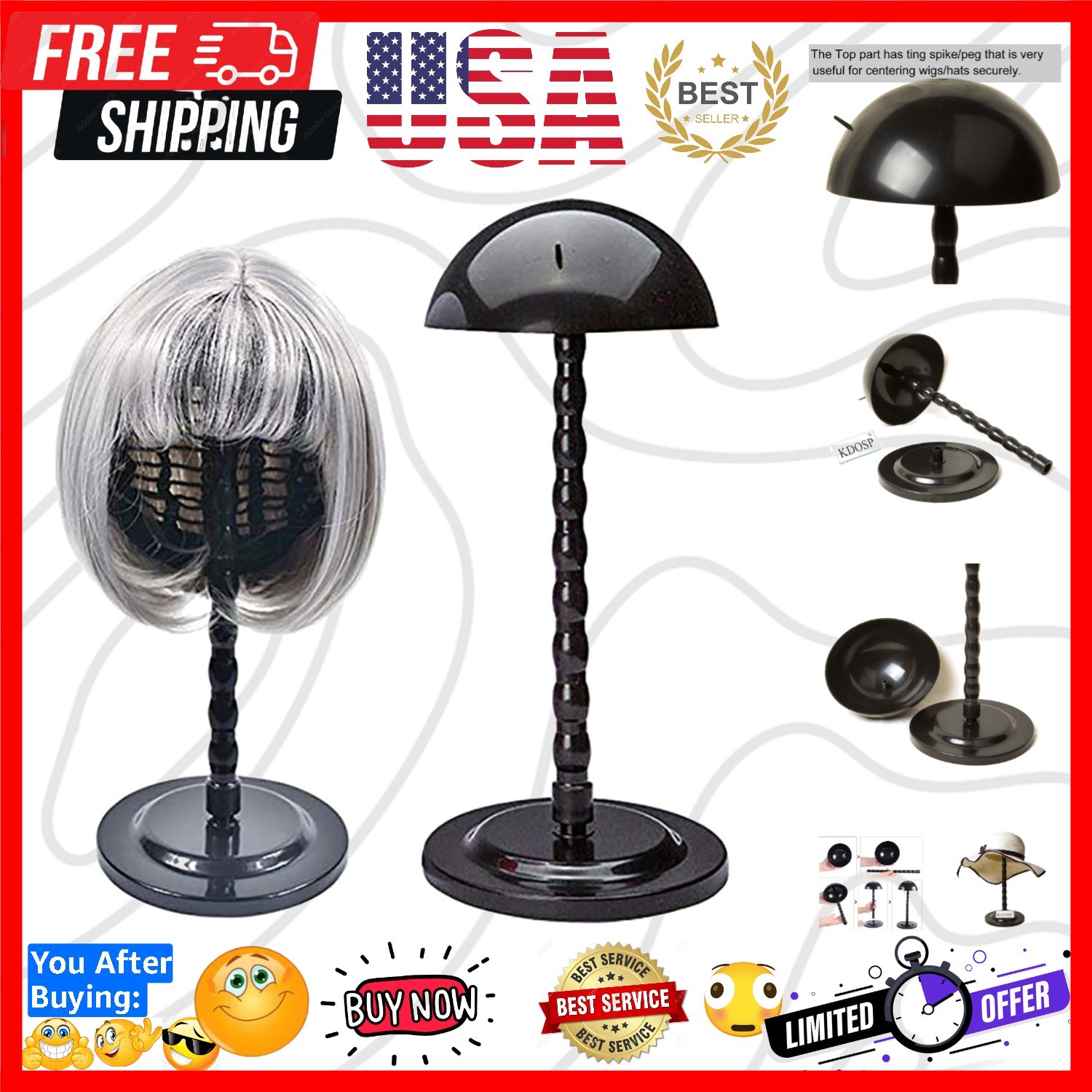 Wig Stand Plastic Hat Display Wig Head Holders Mannequin Head/Stand Portable …