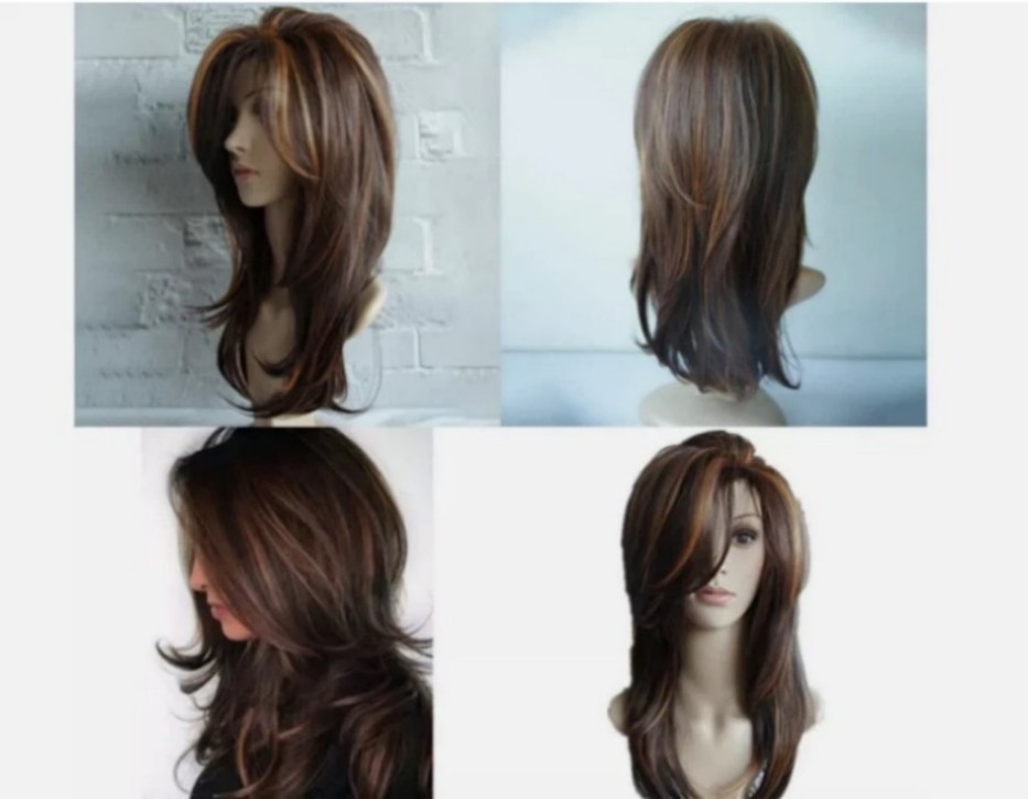 Women Dark Brown w/Gold Highlight Ombre Shoulder Length Curly Hair Wig-&##