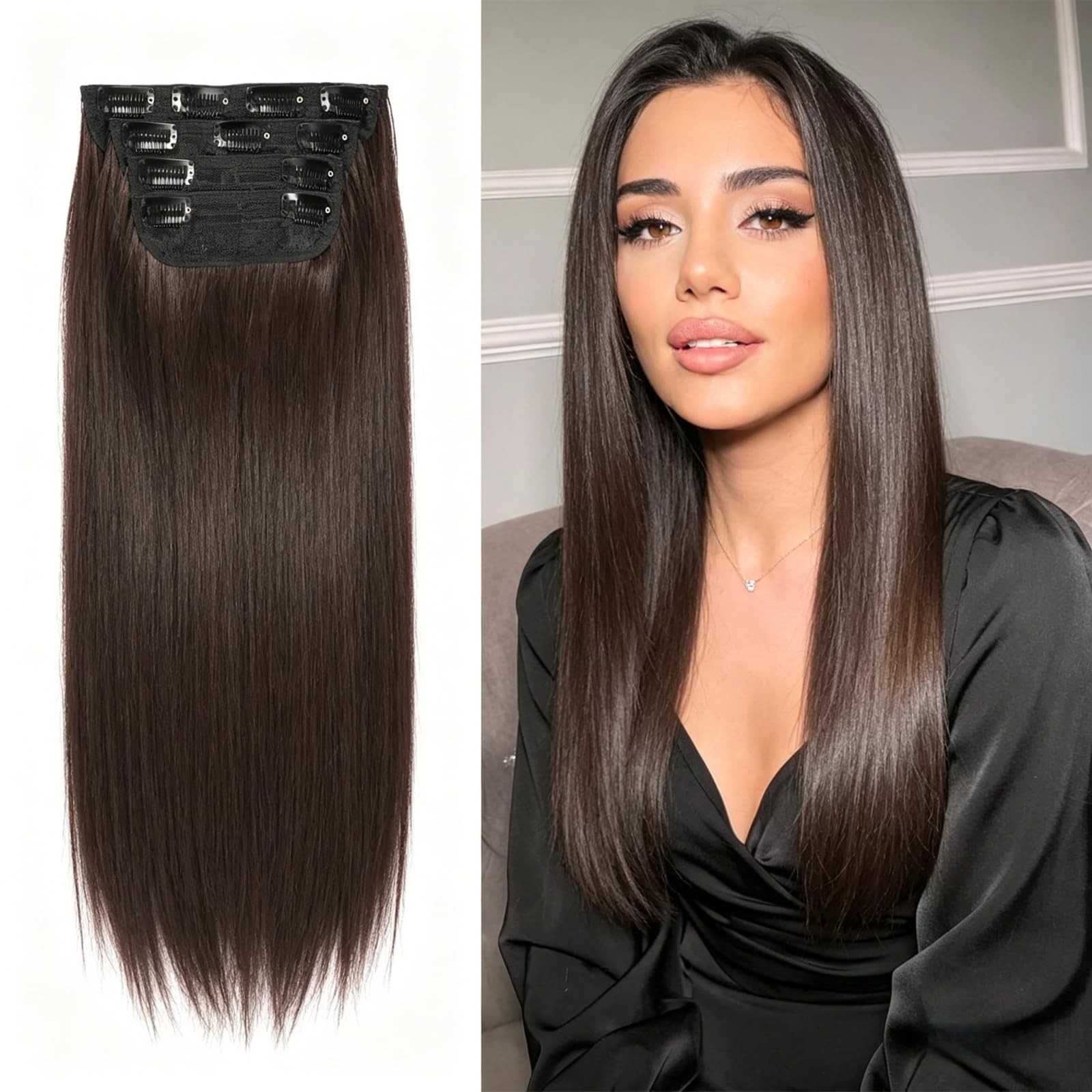 Dark Brown Clip in Hair Extensions 20 Inch Long Straight 4PCS Synthetic