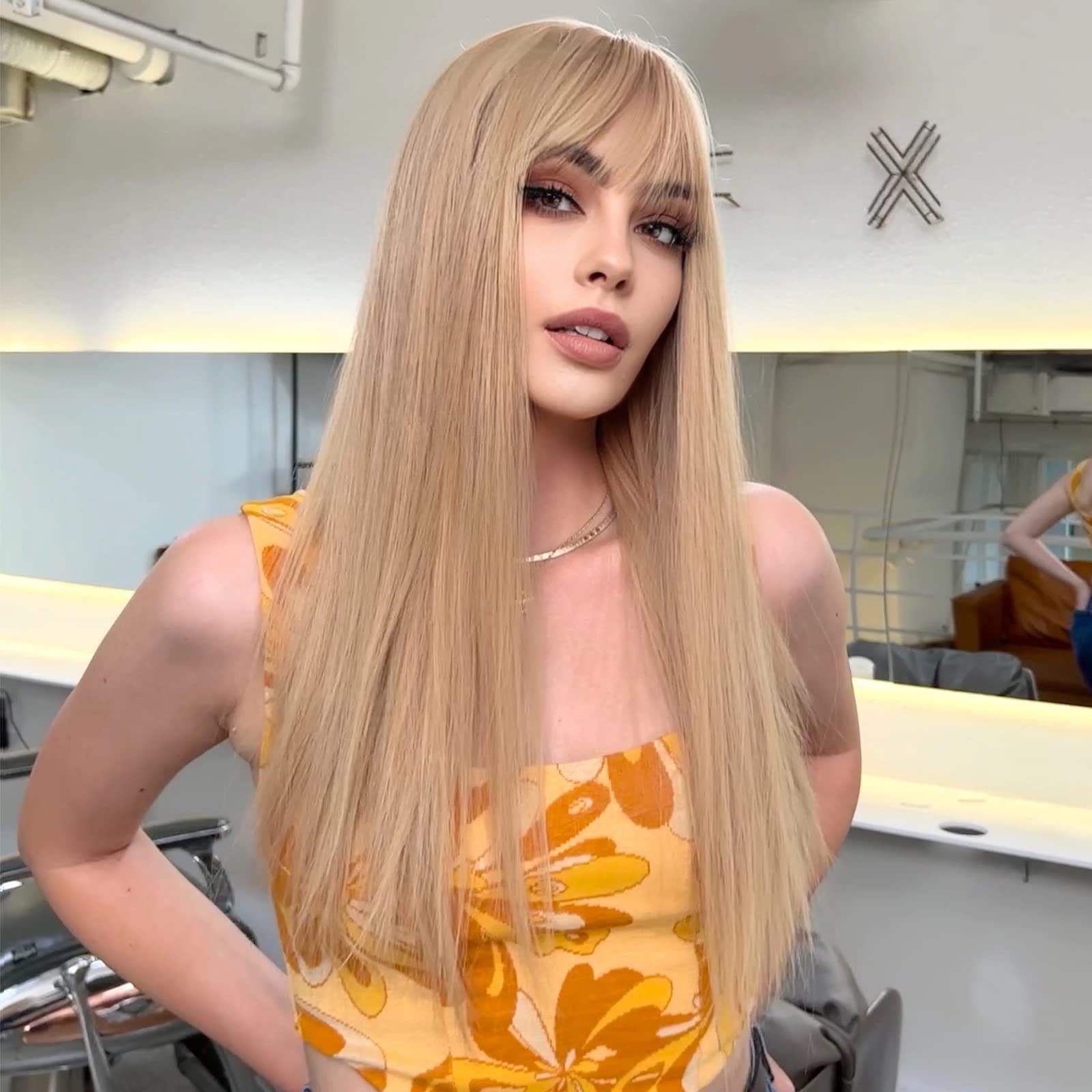 Light Blonde Wig With Bangs For Women Long Straight Wigs wig Synthetic For Gi…