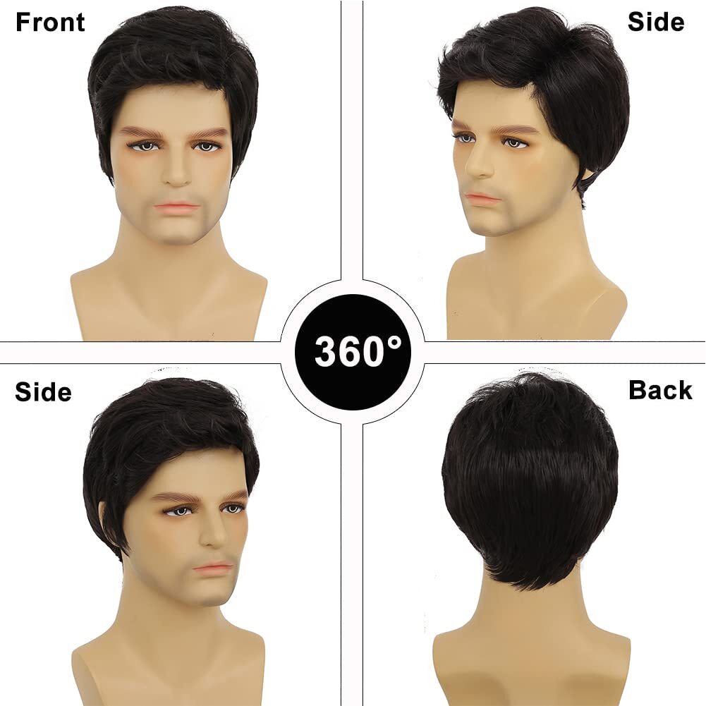 Men’s Black Men Wig Short Full Wigs Straight Little Wavy Synthetic Hair Daily US