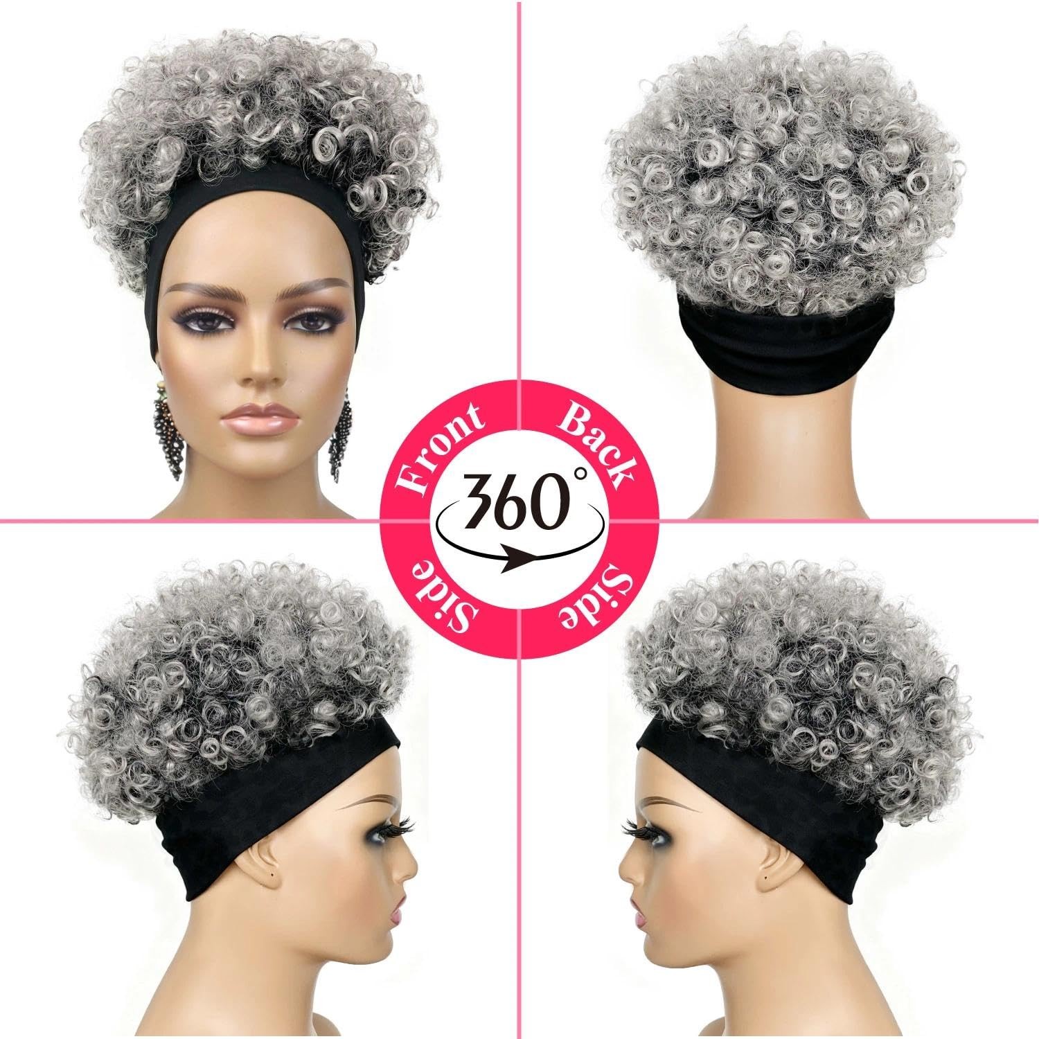 Short Salt and Pepper Afro Curly Headband Wig for Black Women, Gray Kinky Cur…