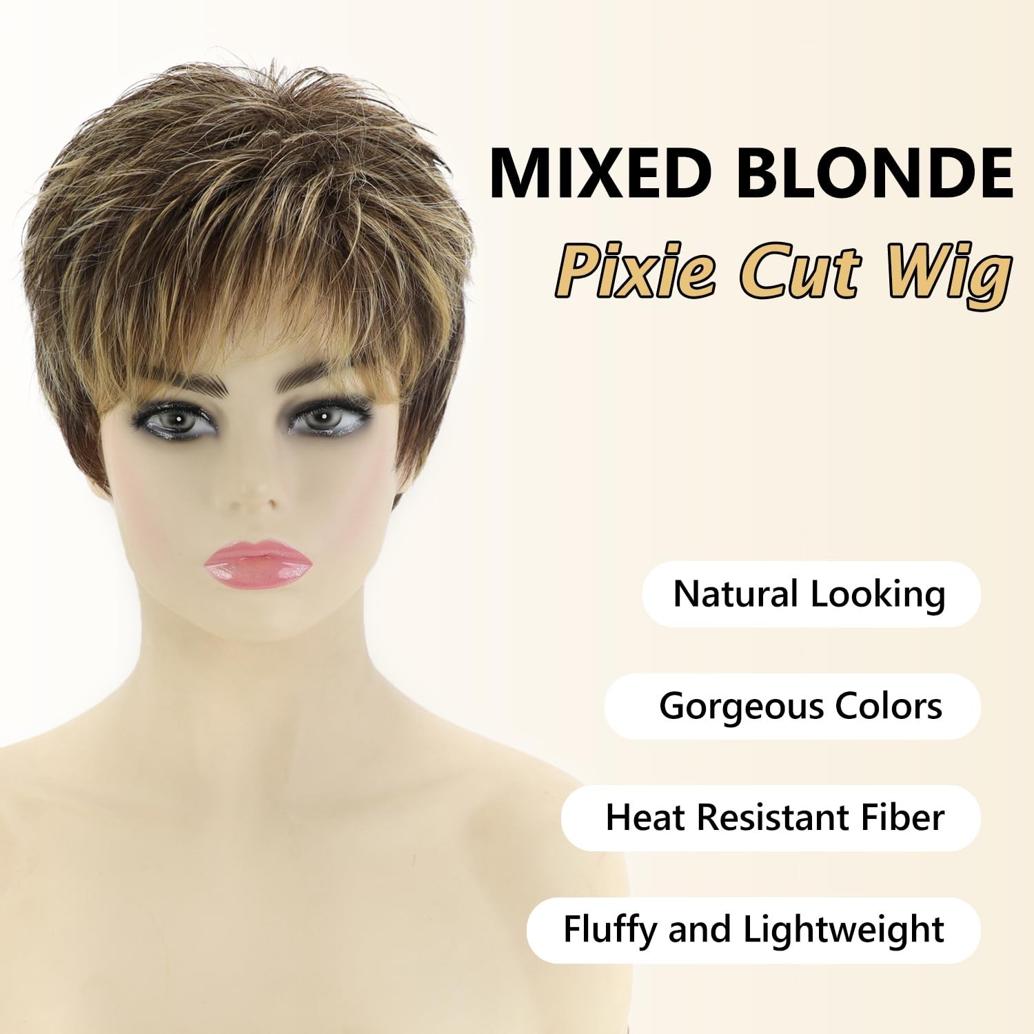 Dark Brown Blonde Pixie Wig Short Layered Highlight Synthetic Heat Resistant …