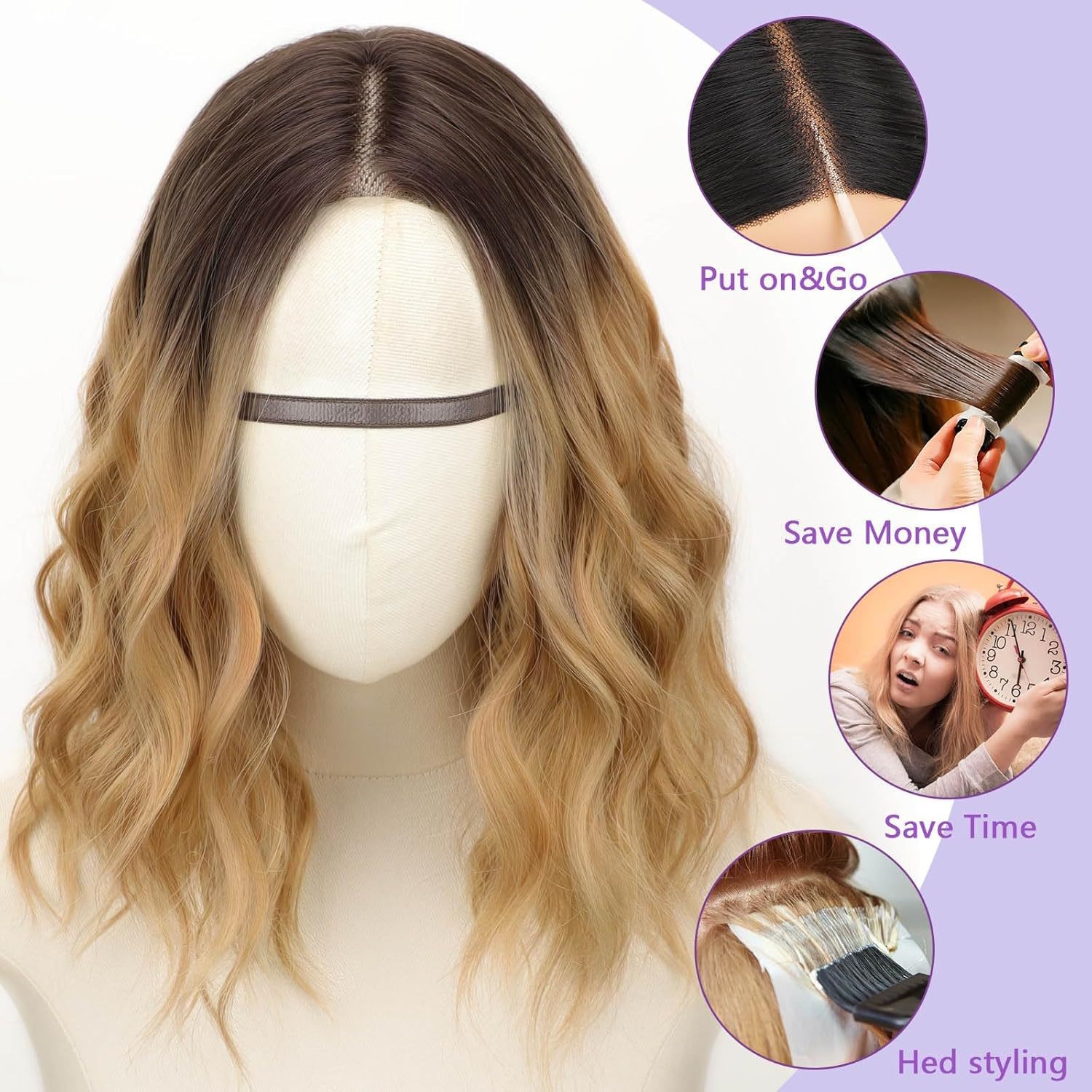 T Part Lace Front Wig Ombre Brown Water Wave Curly Wig Heat Resistant Synthetic