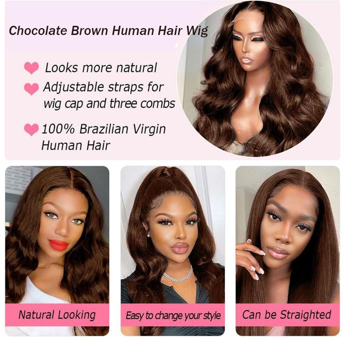 32″ Chocolate Brown Body Wave Lace Front Wig – 13×4 Human Hair for Women