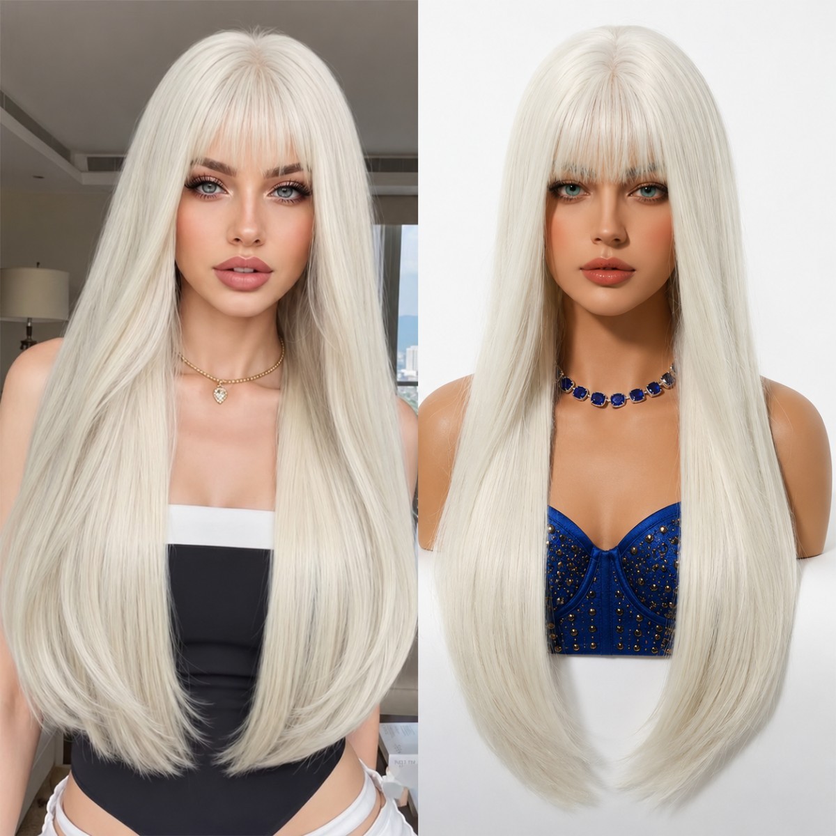 Synthetic Hair Cosplay Party Wigs With Bangs Long Straight Bleach blonde