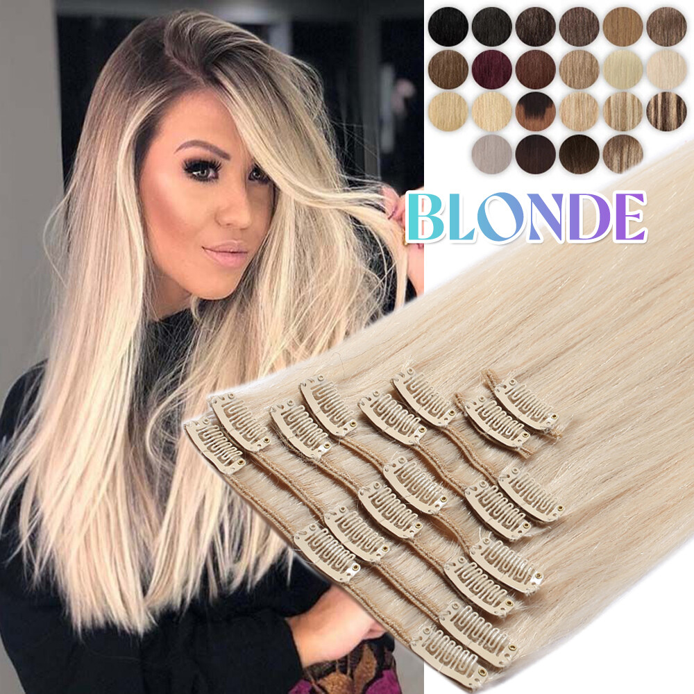 CLEARANCE 100% Human Hair Extensions Clip in Real Remy Hair 8Pcs Full Head Soft