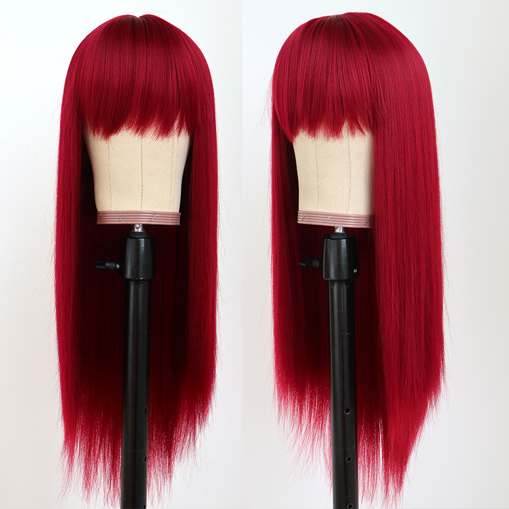 Women Full Neat Bangs Synthetic No Lace Wig Long Straight Heat Resistant Natural