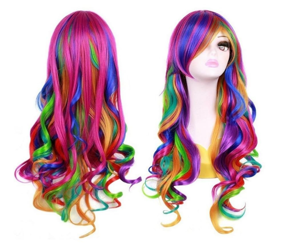 Women Long 27.56”/70cm Rainbow Curly Wig, Colorful Wavy Cosplay Heat Resista…