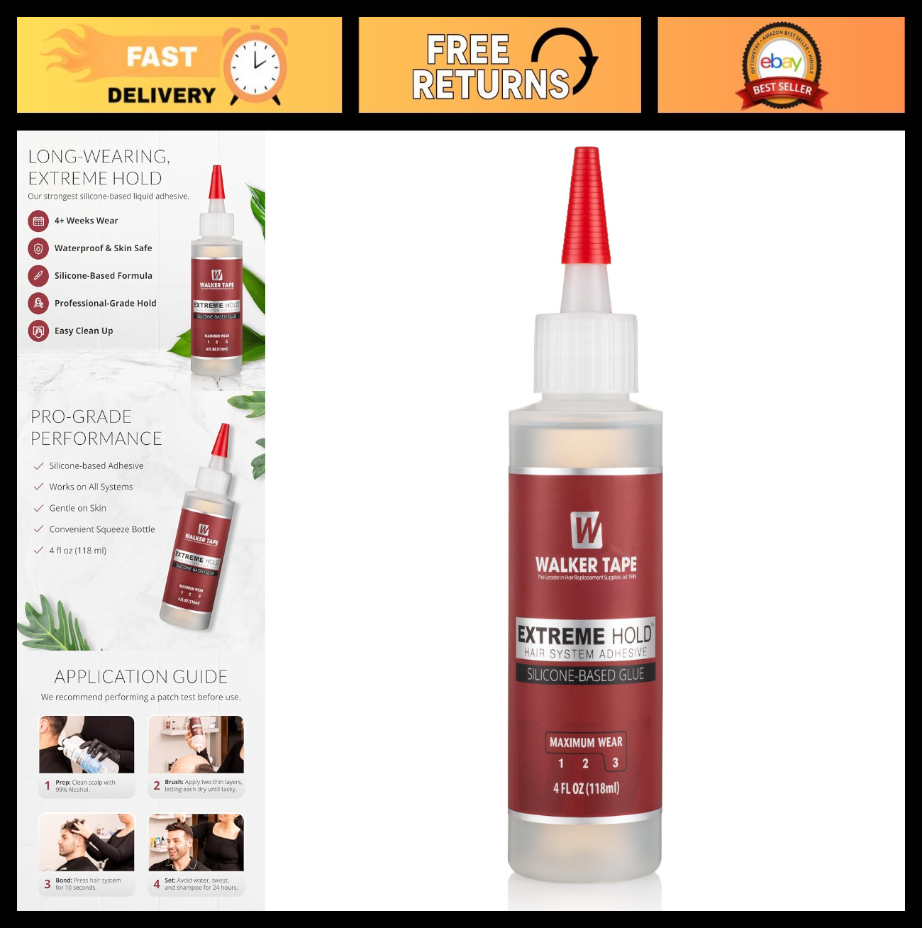 Extreme Hold Wig Adhesive 4oz Squeeze Bottle for Lace Systems & Toupees, Skin-Sa