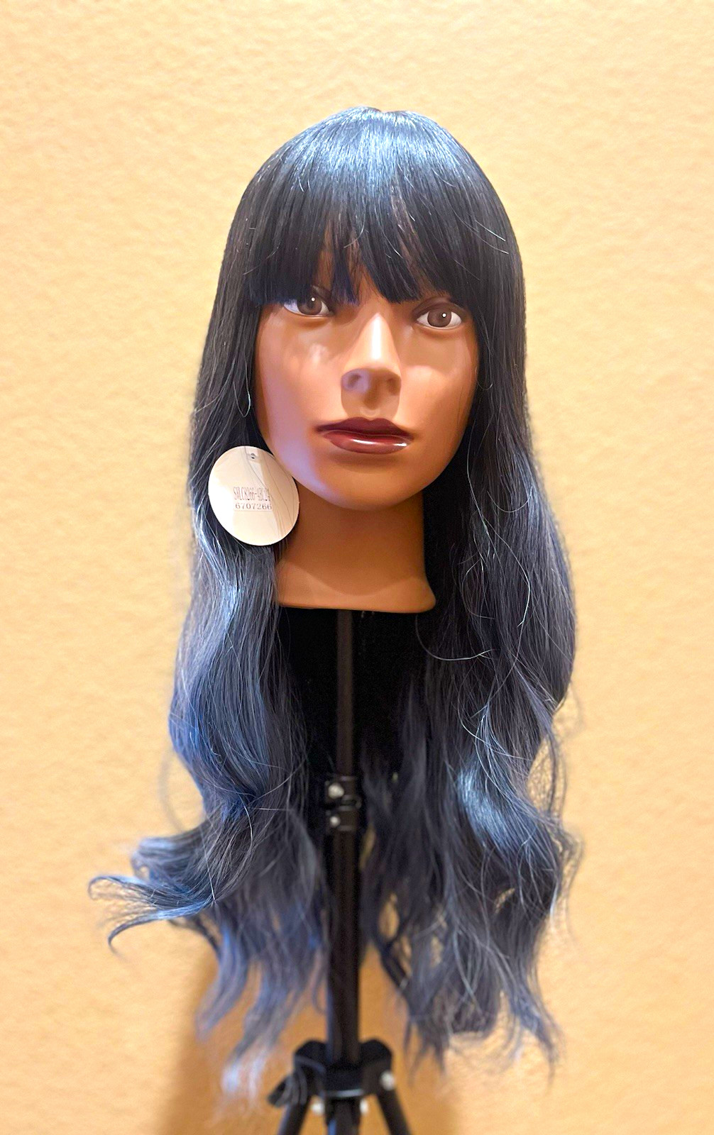 Long Black to Blue Ombre Synthetic Wig | Soft Waves with Full Bangs | Adjustable