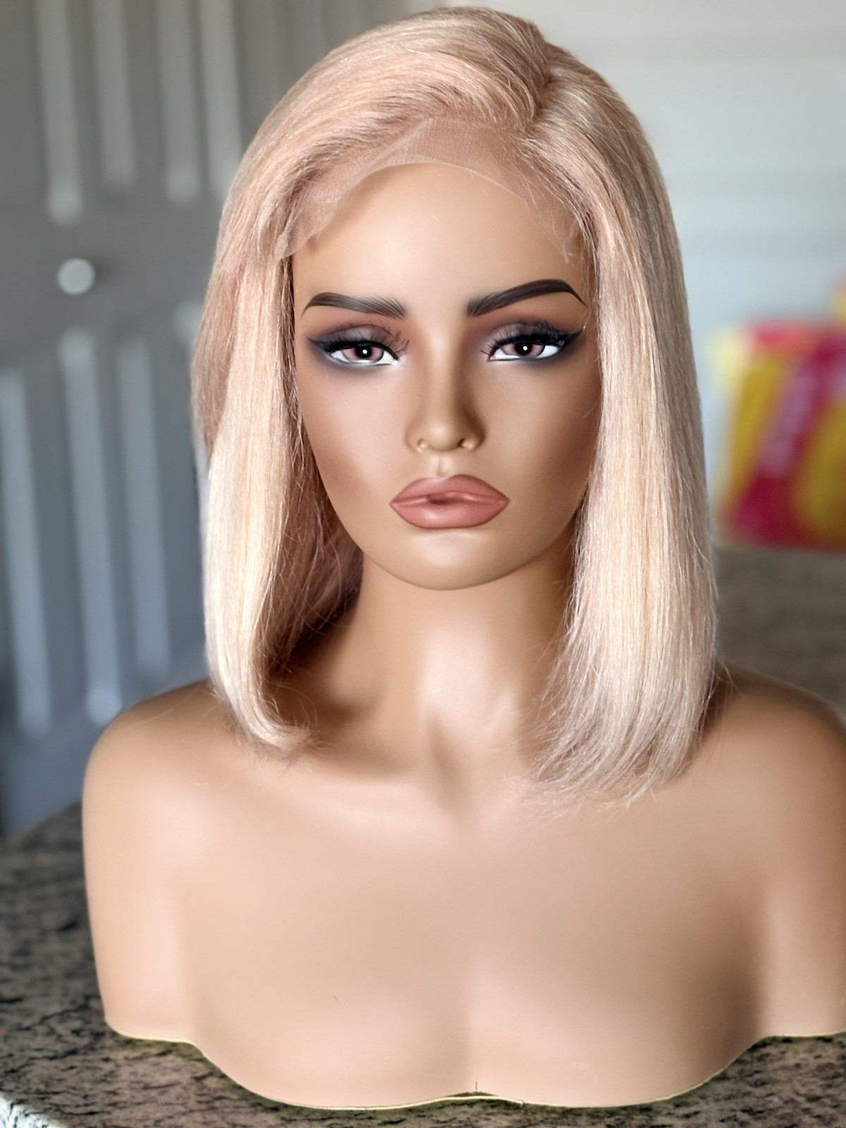 Rose Gold Blonde Human Hair Wig Straight 12inch 4×4 Lace Closure Glueless Wigs