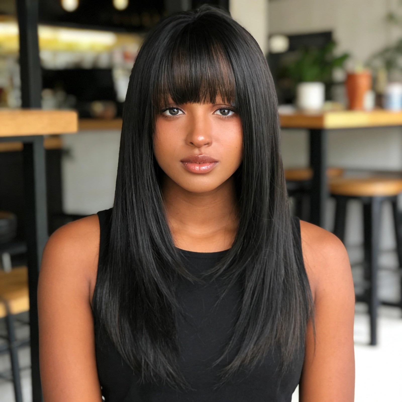 Long Black Straight Hair Wig with Bangs Synthetic High Density Long Hair Wig …