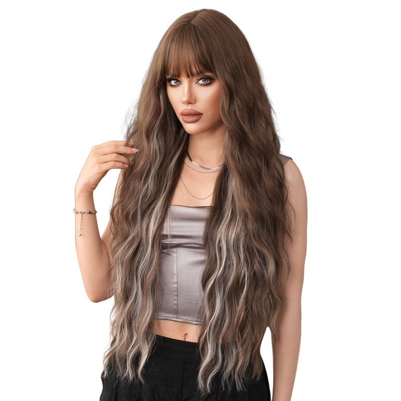 36-inch ultra-long wavy hair with fringe brown highlighted and gray heat-resist