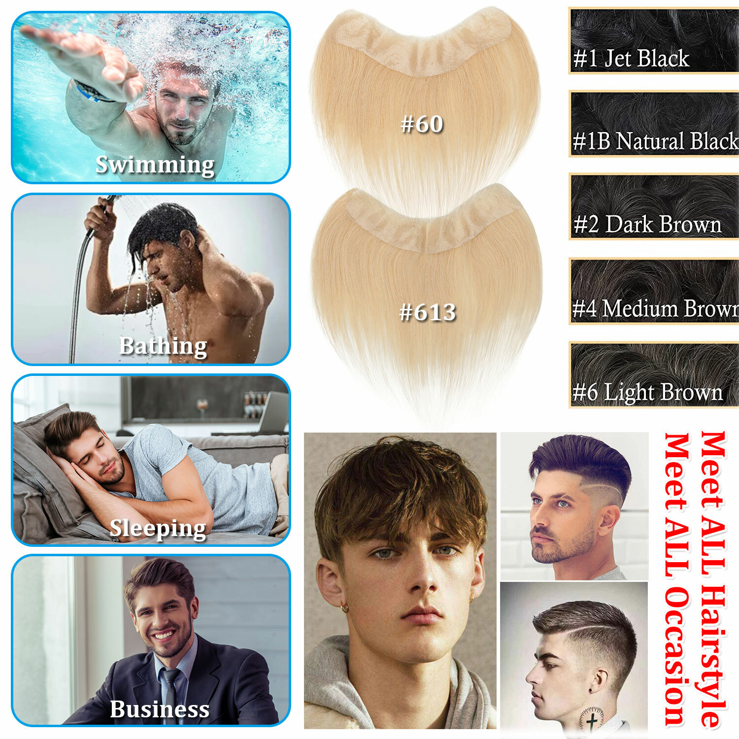 Men 100% Human Hair Replacement System Hairpiece Skin PU Base Toupee Black/Brown