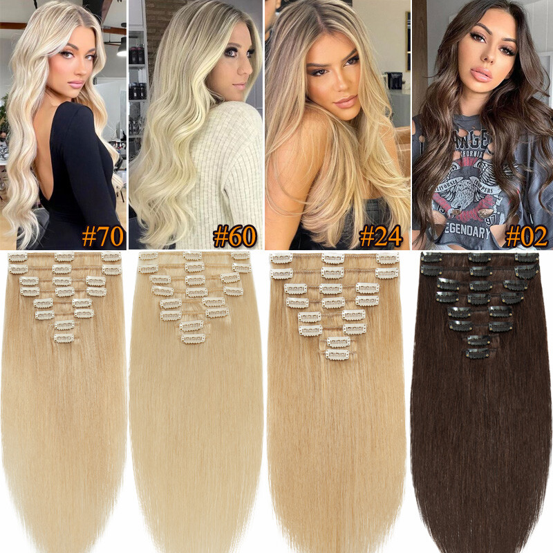 8PCS Clip In Hair Extensions 100% Real Soft Human Hair Weft Any Color 14″-24″ US