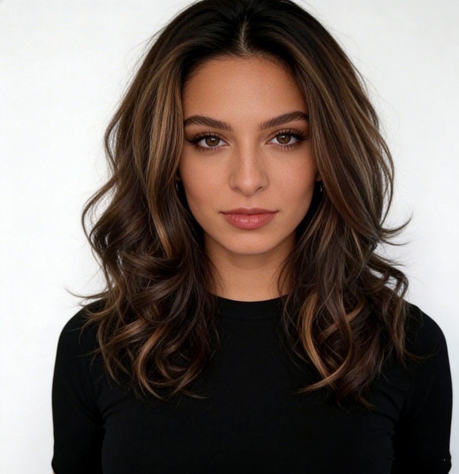 Women Dark Brown w/Gold Highlight Ombre Shoulder Length Curly Hair Wig-&&++