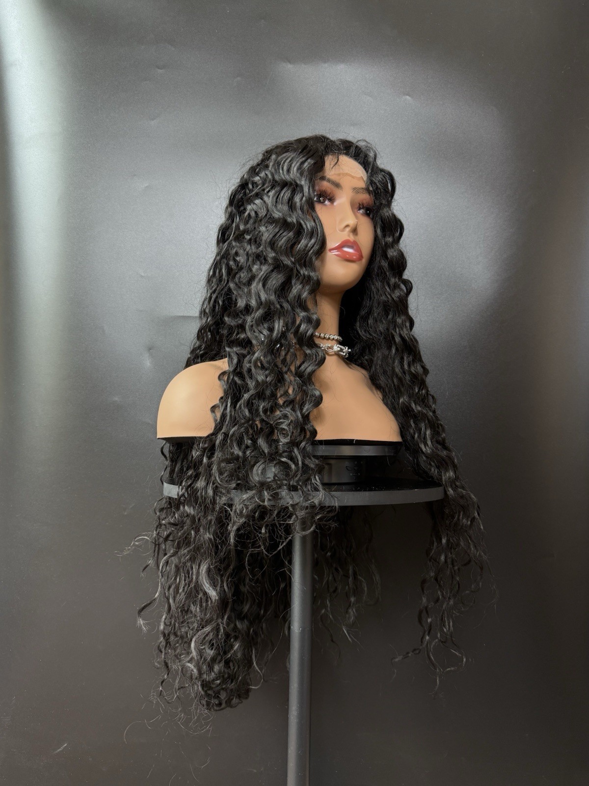 Black Wig Faux Lace 26 Inches Long Middle Part Spiral Curly