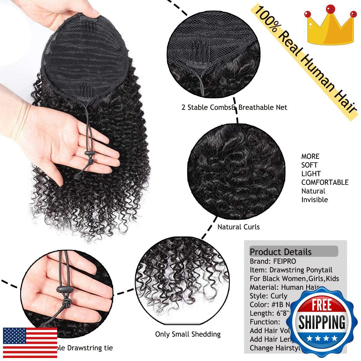 FEIPRO Curly Ponytail Extension for Black Women Real Human Hair Natural Draws