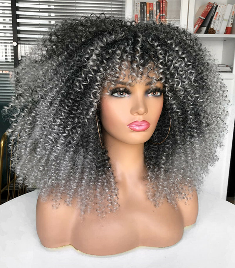 16inch Afro Kinky Curly Wig with Bangs for Black Women No Glue Full and Fluffy