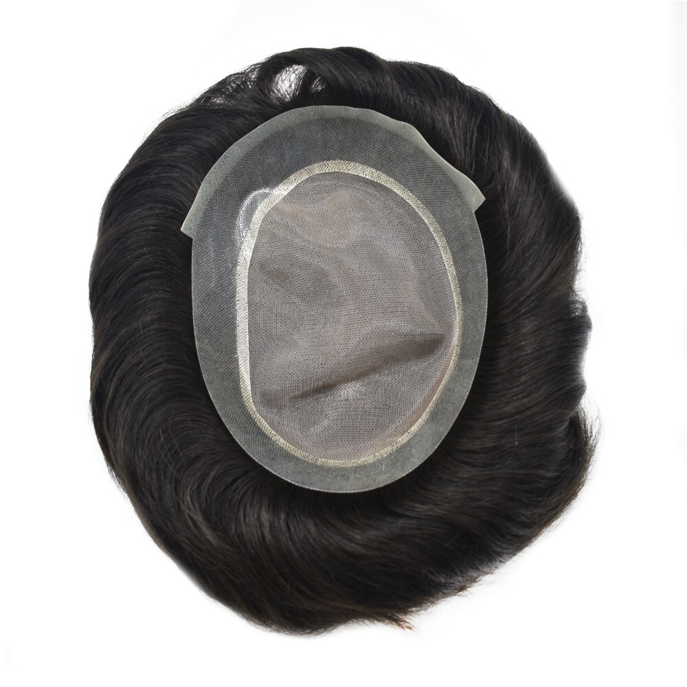 Durable Fine Mono Lace Mens Toupee Human Hair Piece Thin Skin PU Wig Hair System