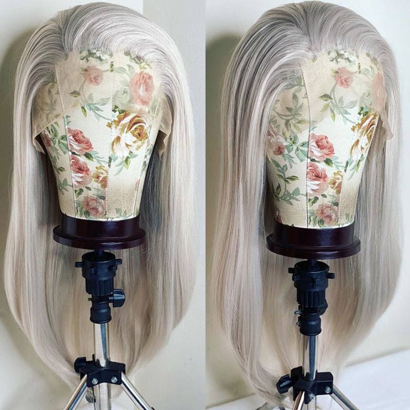 Heat Resistant Synthetic Hair Long Straight Lace Frontal Wig Silver Gray
