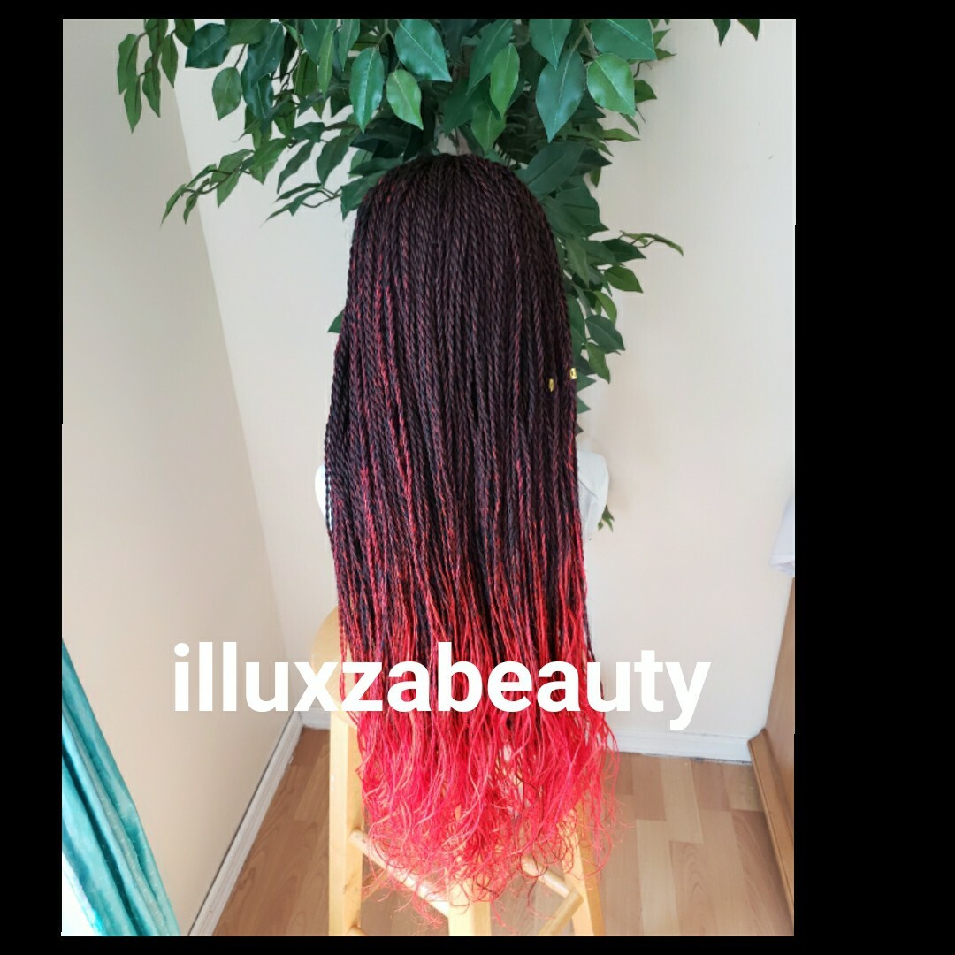 4×4 Closure senegalese twist Braided Wig black red curl L 28″-29″