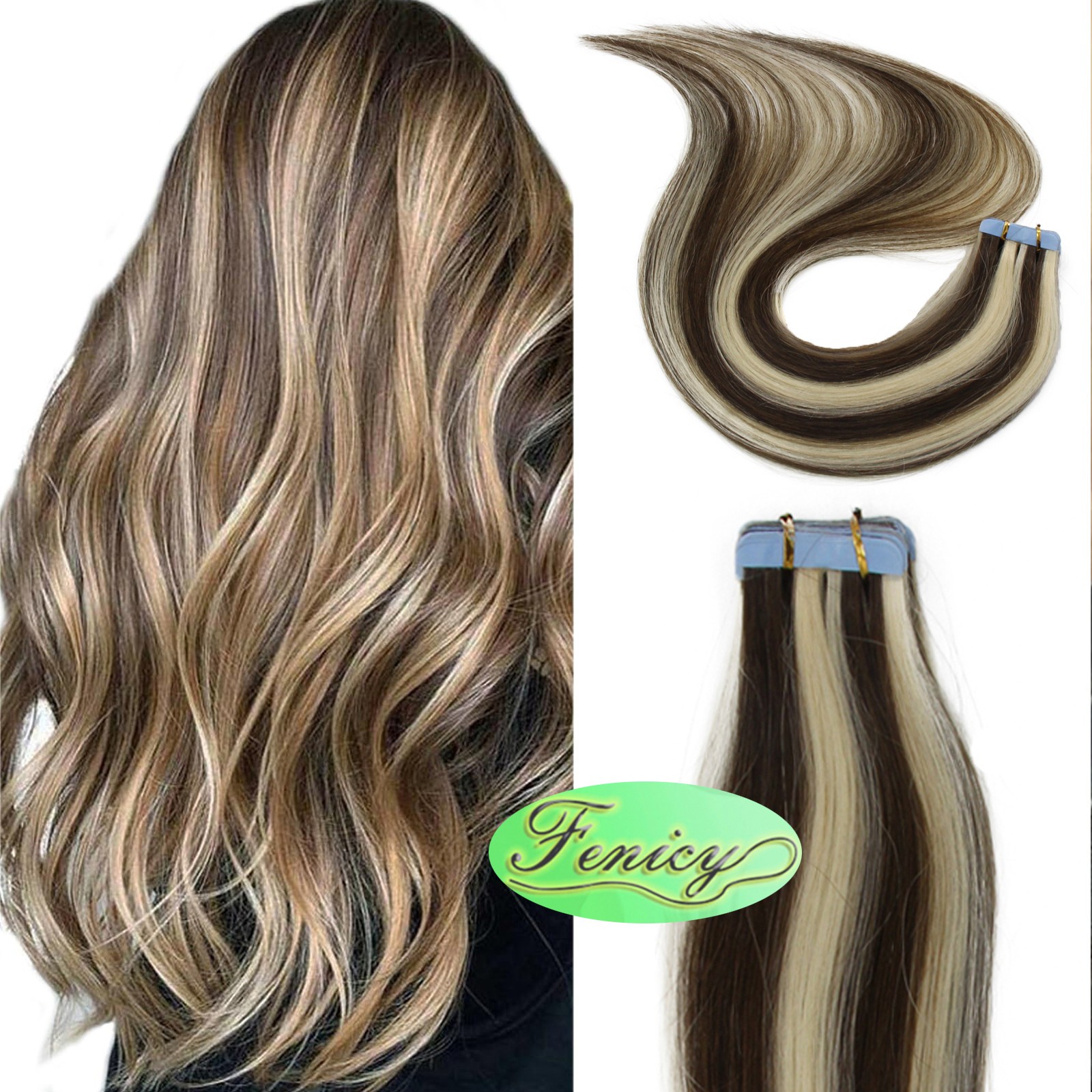 Tape in Human Hair Extensions Skin Wefts Remy Medium Brown Balayage Blonde26inch