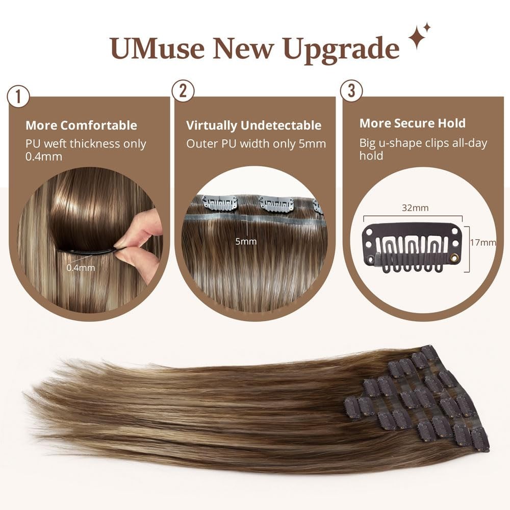 18″ 120g Clip In Hair Extensions, Real Remy Human Hair, Balayage Brown to Blonde