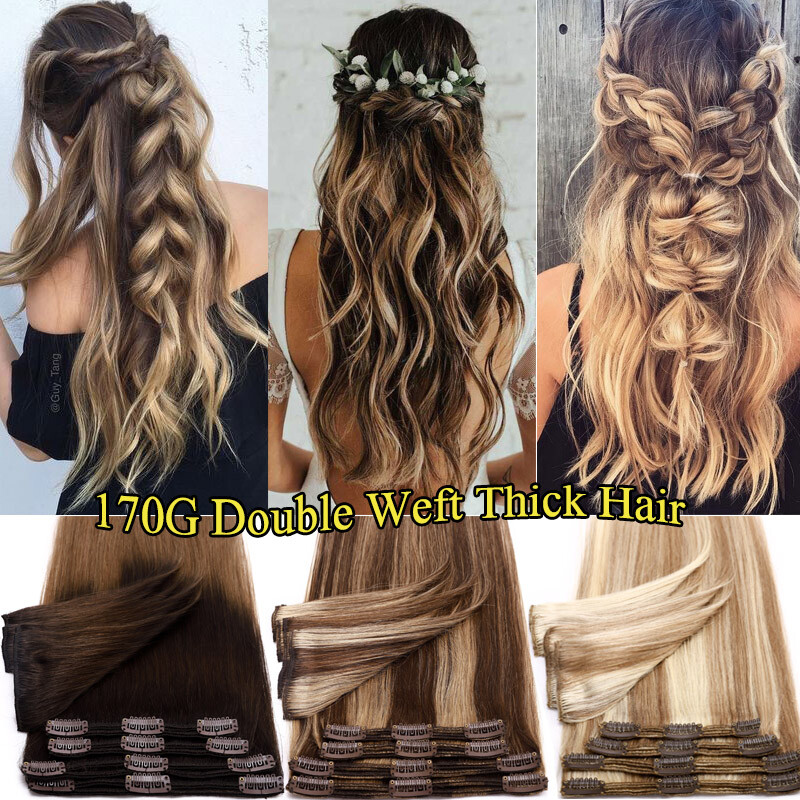 150G Extra Thick Clip In Real Human Hair Extensions Full Head Double Weft Blonde