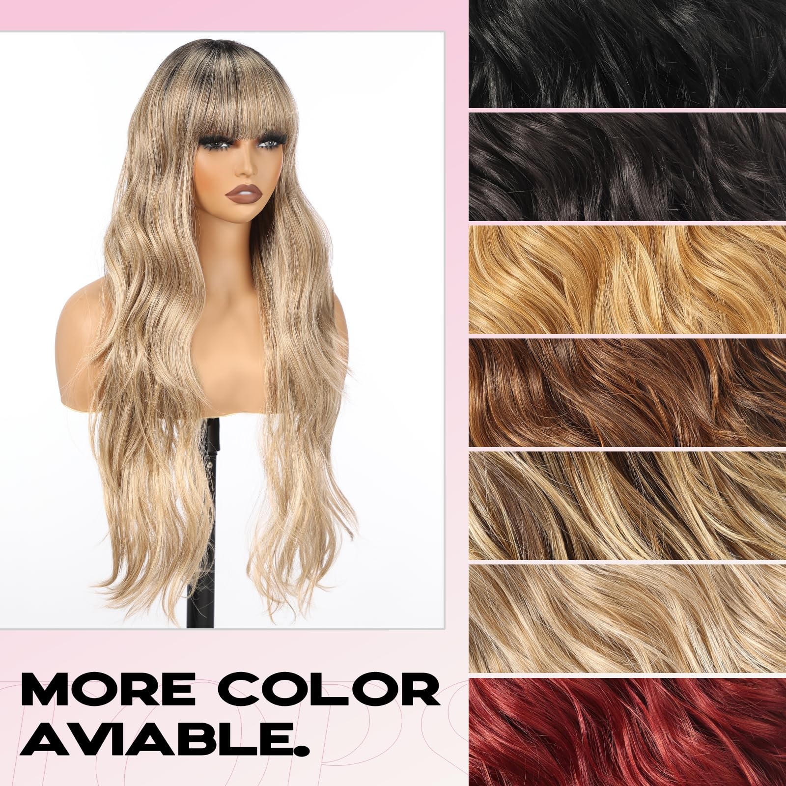 Long Ombre Blonde Wig with Bangs for Women, 26 Inch Long Curly Lace Wig Natur…