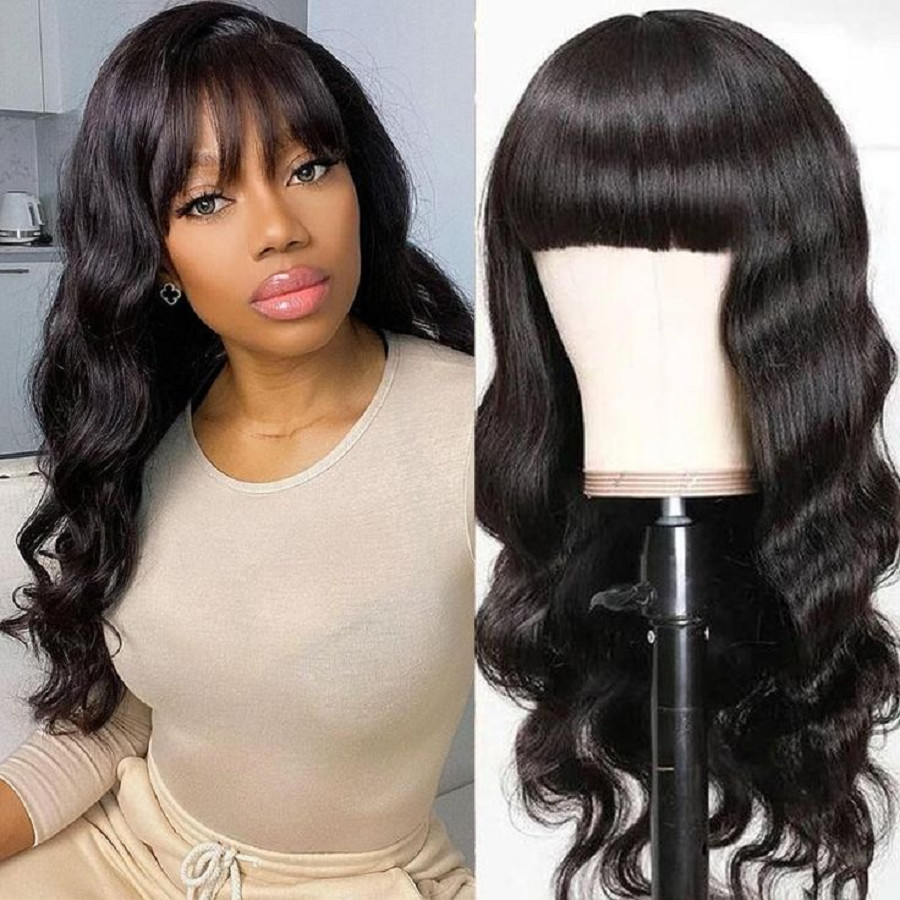 Body Wave None Lace Front Wigs Human Hair with Bangs Glueless Machine Made Wigs