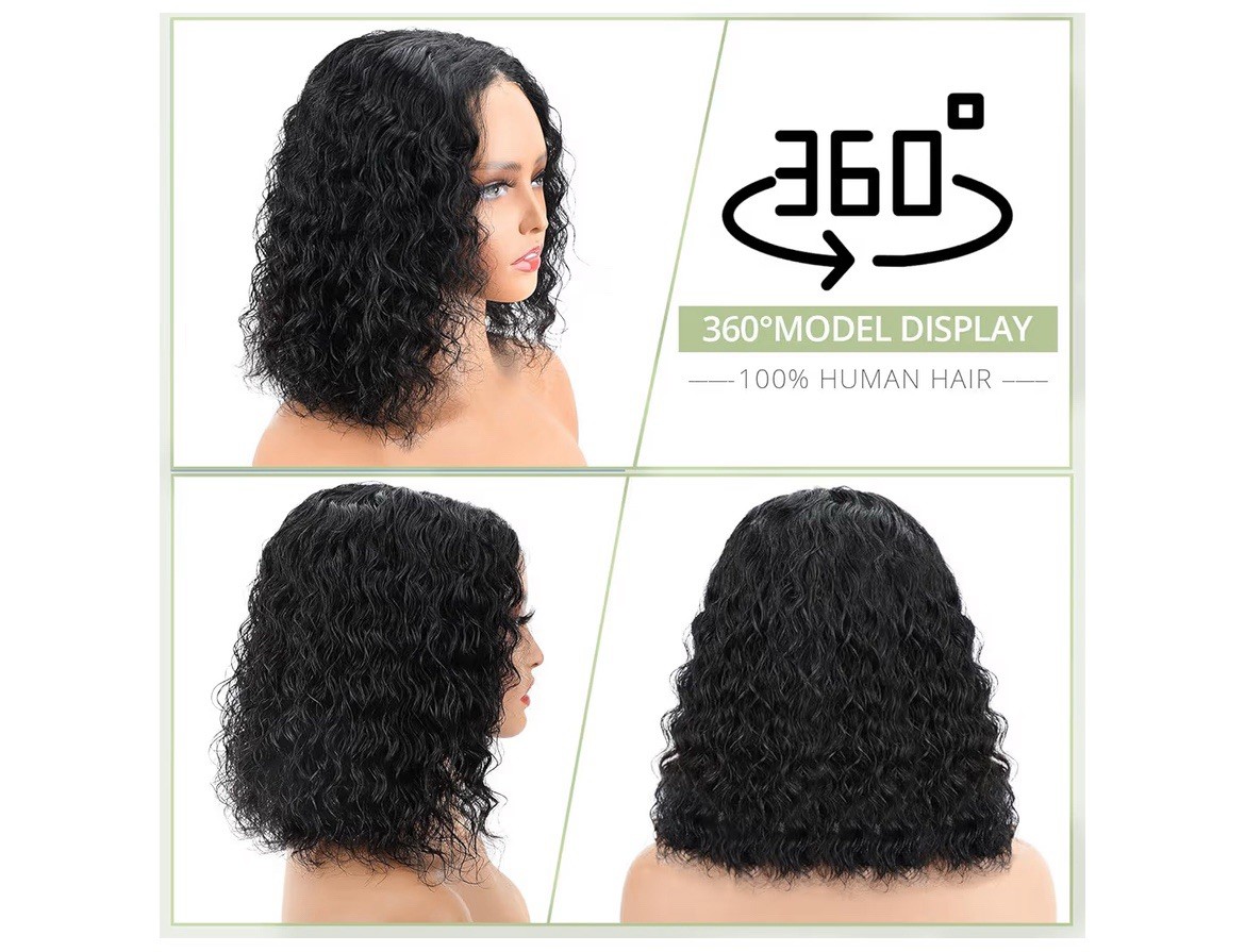 Curly Bob Human Hair Wig 10″ 4×4 Glueless Lace Closure 200% Density Pre Cut Pluc
