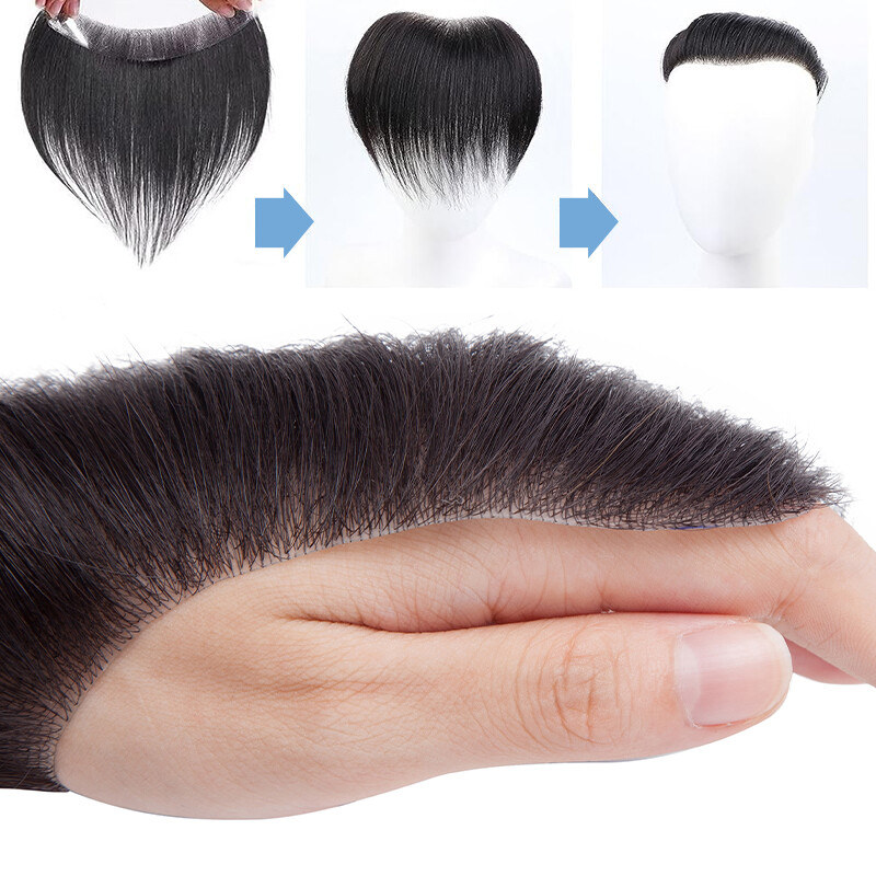 Mens Toupee for Frontal Receding Hairline Real Human Hair V-Looped PU Hairpiece