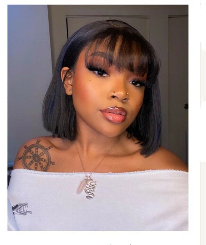 Black Bob Wig with Bangs 13″ Short Bob Wigs Women Short Black Wig Heat Daily USA