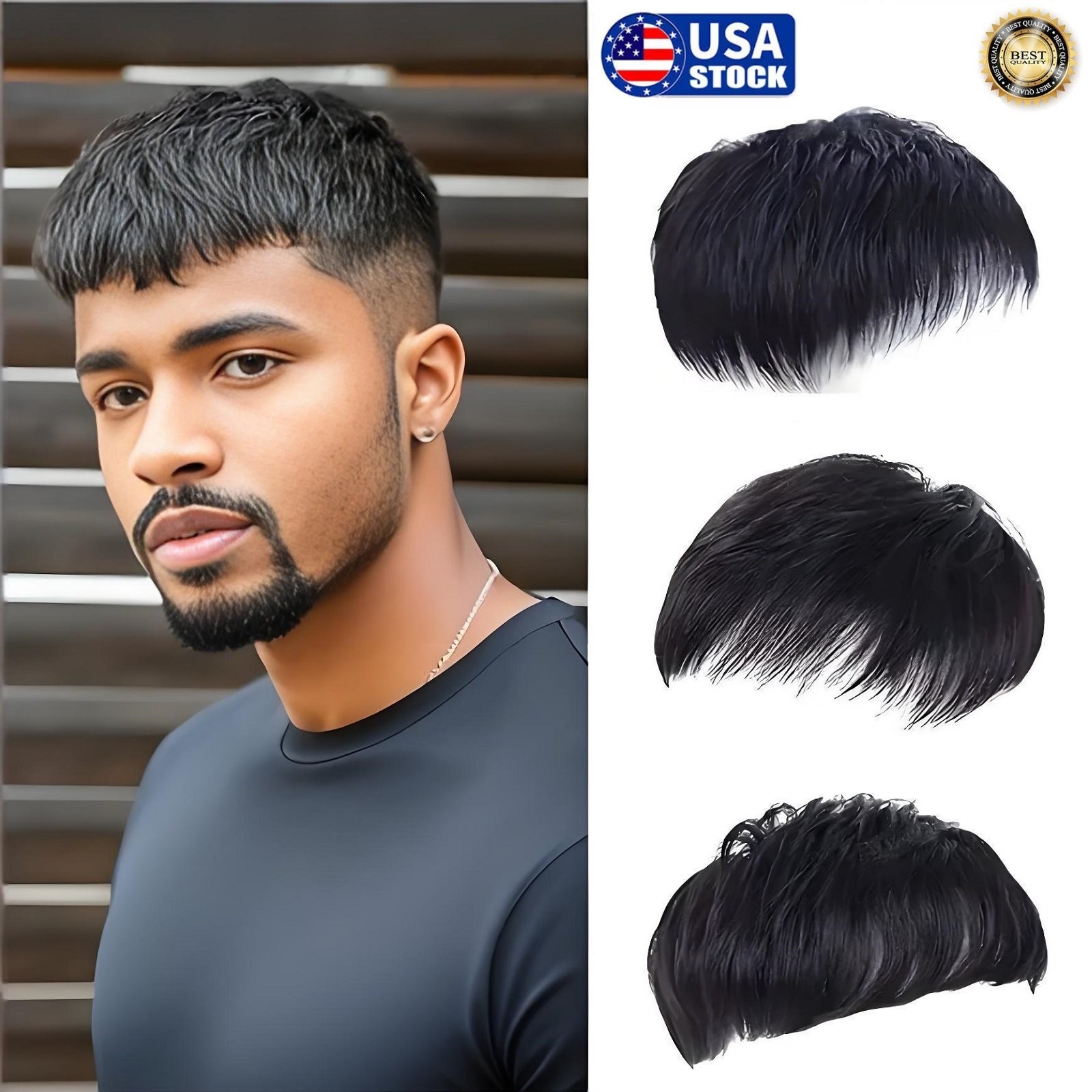 Straight Short Black Wigs Hair Pieces Short Wig w/ Bangs Clip-On Wig for Men USA