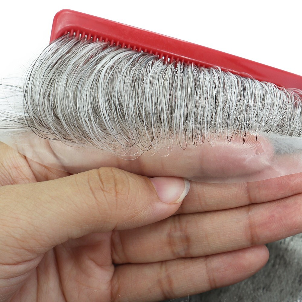 Mens Toupee Thin Skin Knotted Human Hair Replacement System Grey Hair Hairpiece