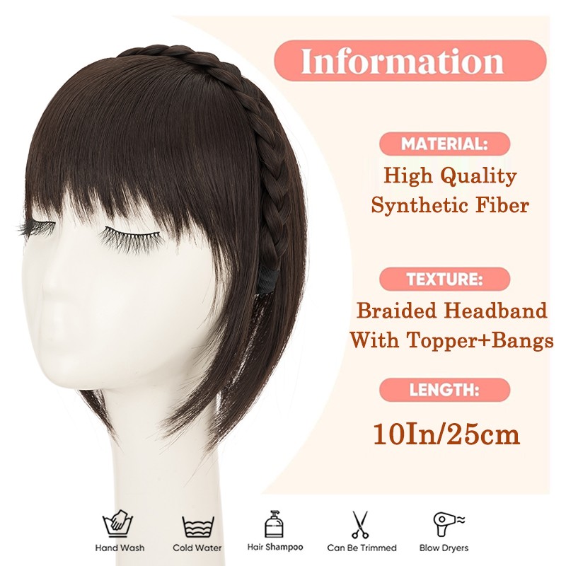 Braided Headband Topper Hairpiece Clip In Fringe with Temple Bang Hair Extension