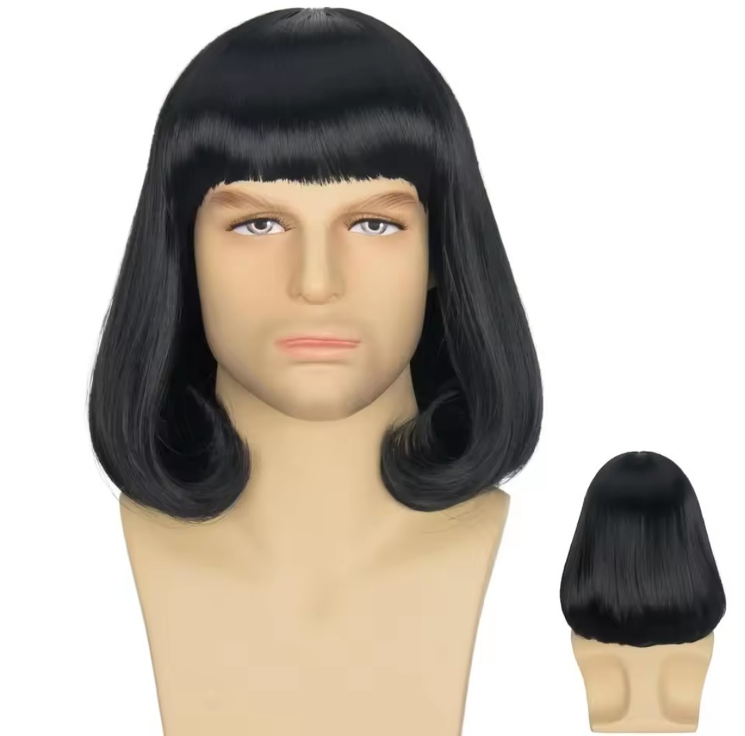 Lord Farquad Style Synthetic Unisex Wig Black Full Bangs Realistic Wig 14 Inch
