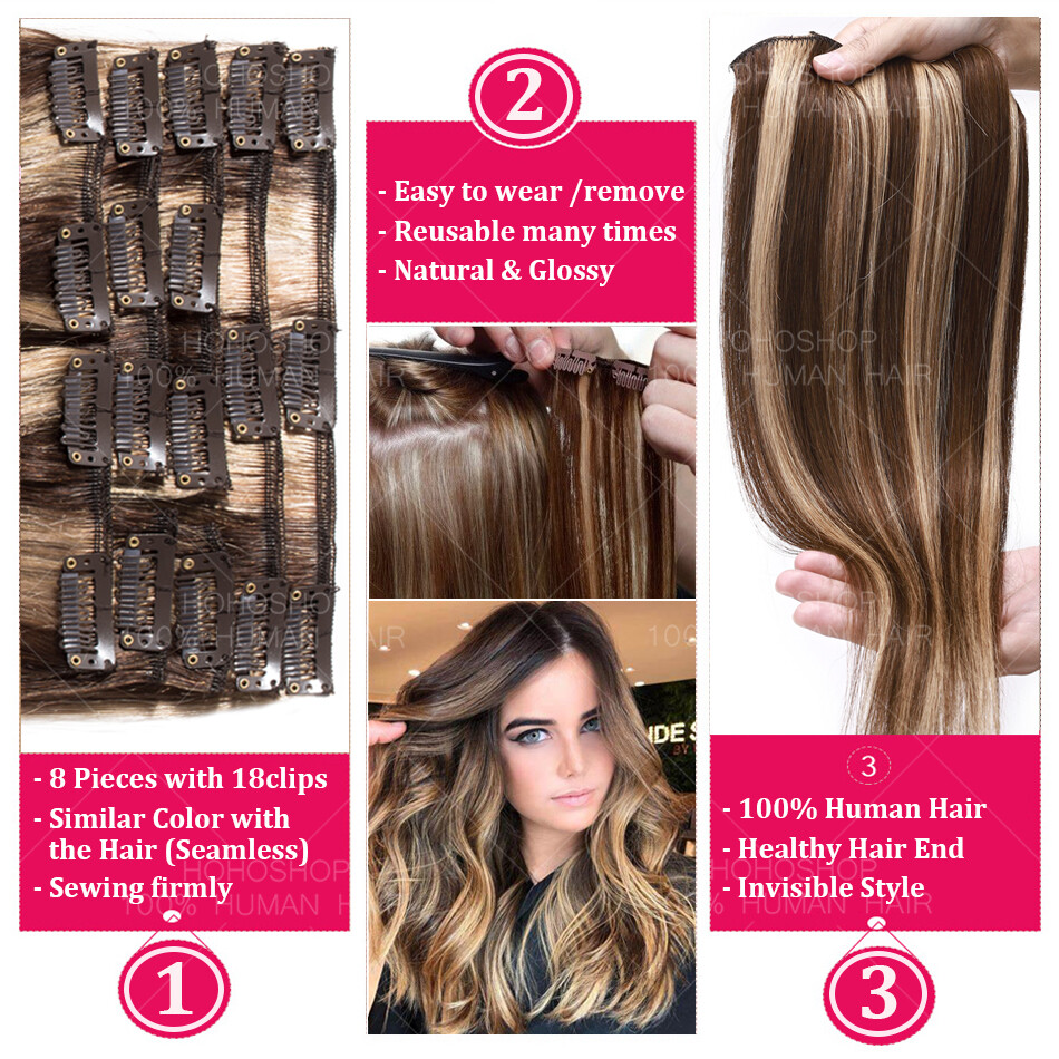 CLEARANCE Clip In Human Remy Hair Extensions Full Head 8 Pieces 22″24″ THICK